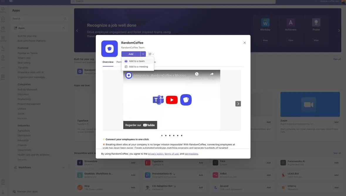 The RandomCoffee app in Microsoft Teams, with the Add to a team option