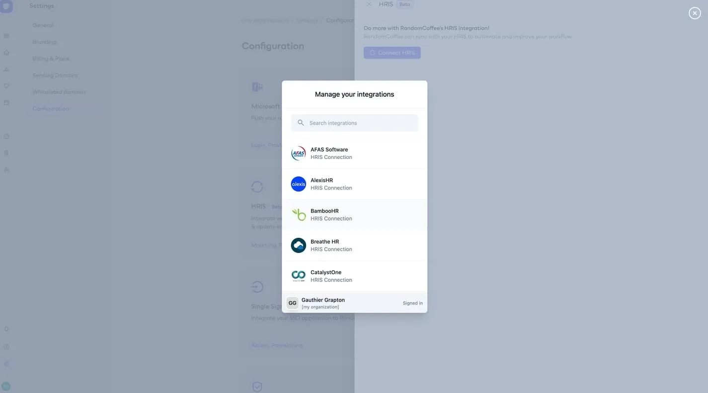 The Manage your integrations window, with the search field and the list of HRIS