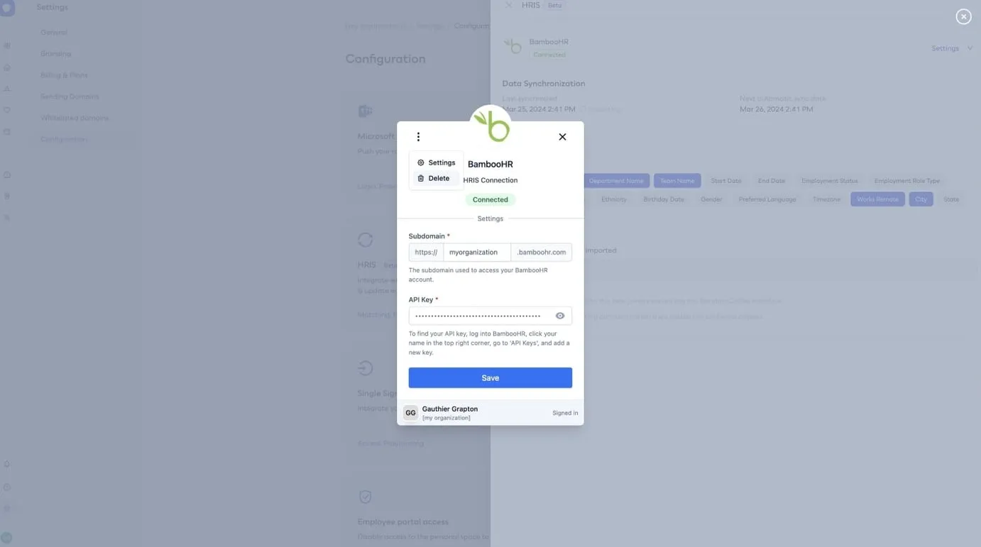 The HRIS connection window, with its menu open on the Settings and Delete options
