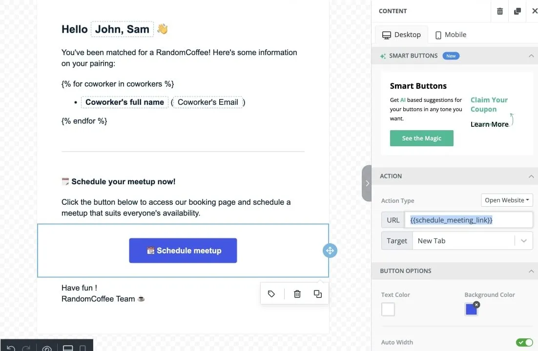 The email editor with a Schedule meetup button whose URL is the schedule_meeting_link variable