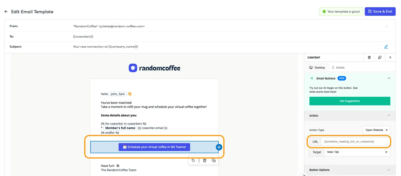 The email editor with a button whose URL is the schedule_meeting_link_on_msteams variable