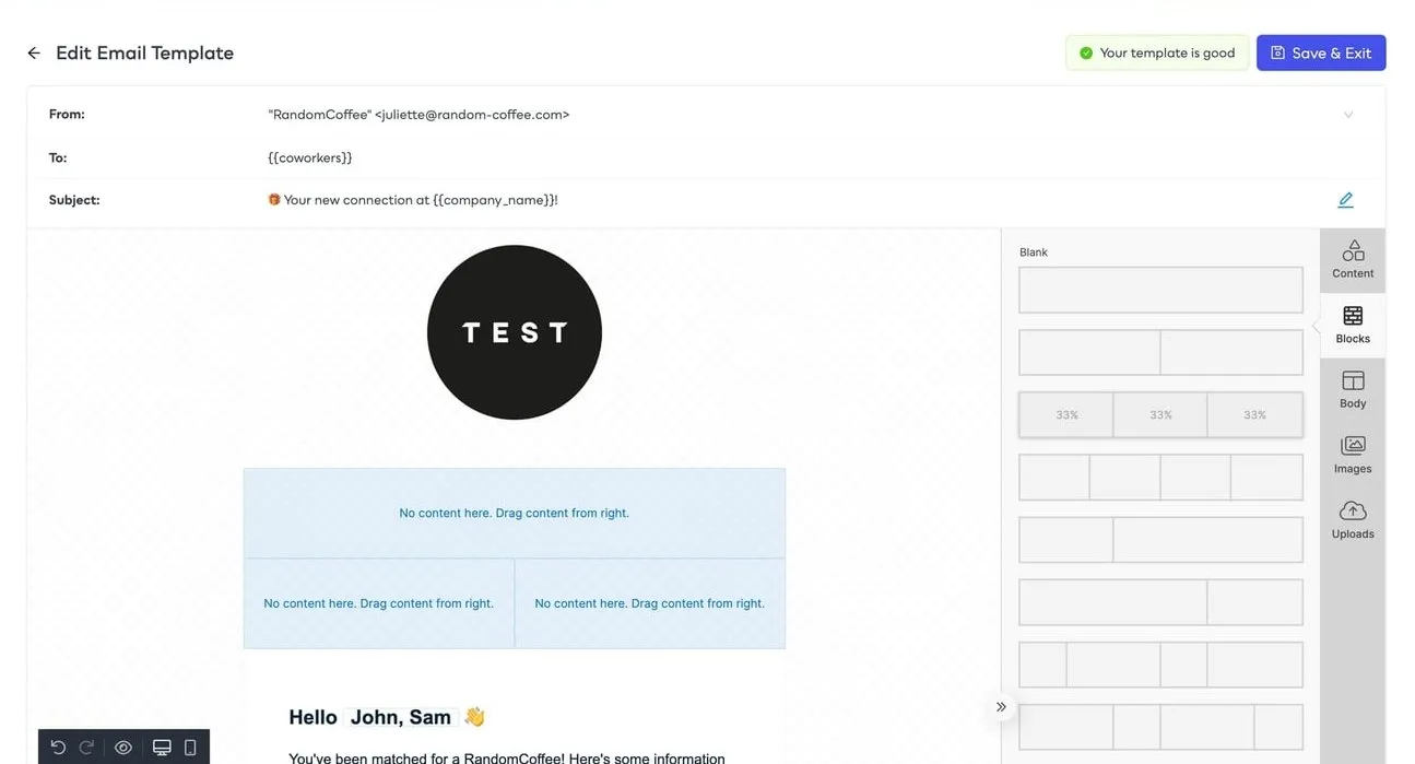 The Blocks menu of the email editor, with an empty two-column block added to the email
