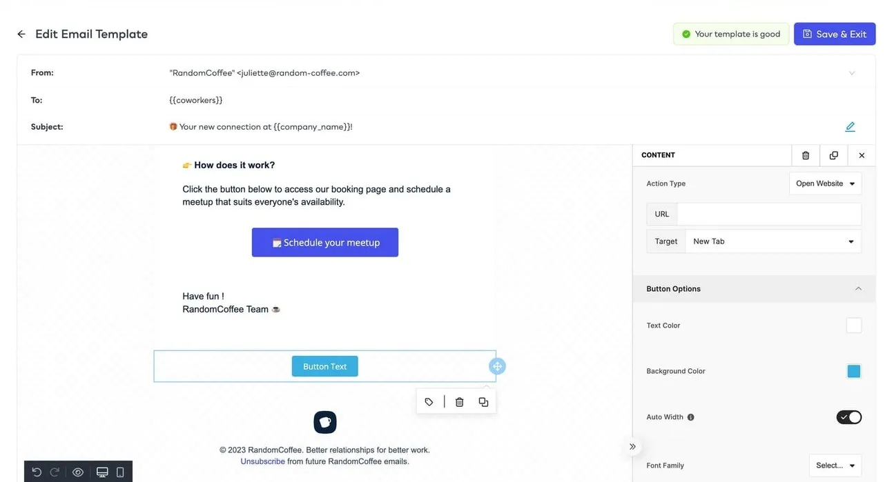 A button added to the match email, with its link and color options in the right panel