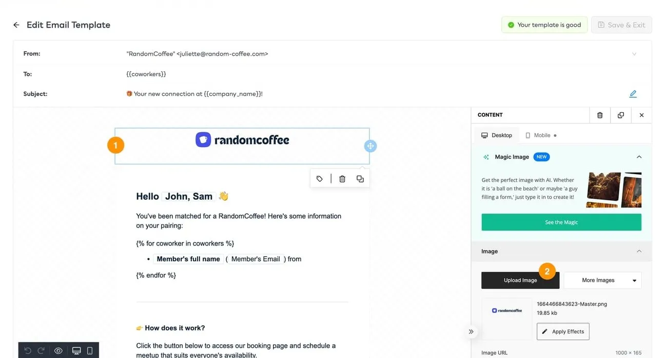 The email editor with the logo selected (1) and the Upload Image button in the right panel (2)
