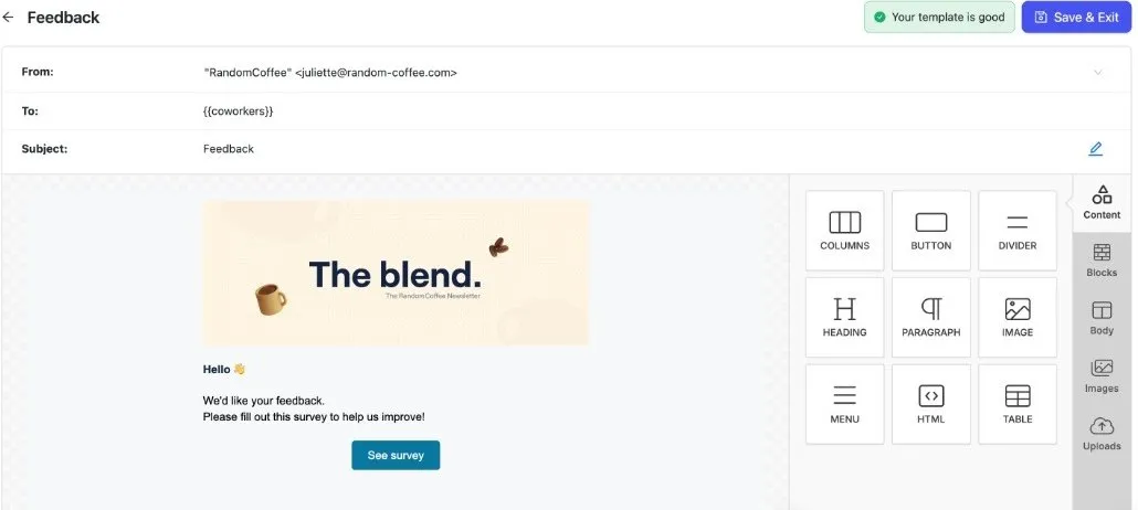 The email editor of a broadcast, with the From, To and Subject lines at the top and the content blocks on the right