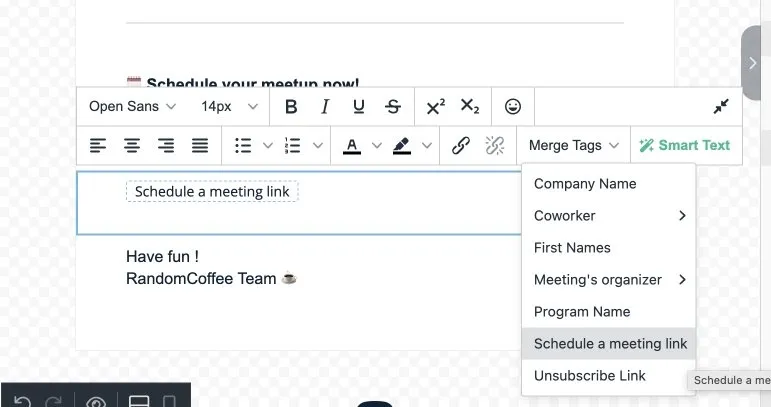 The Merge Tags menu of the email editor, with Schedule a meeting link selected