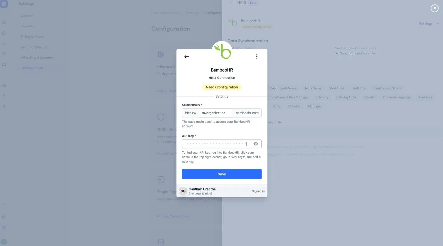 The connection window for BambooHR, with the Subdomain and API Key fields and the Save button