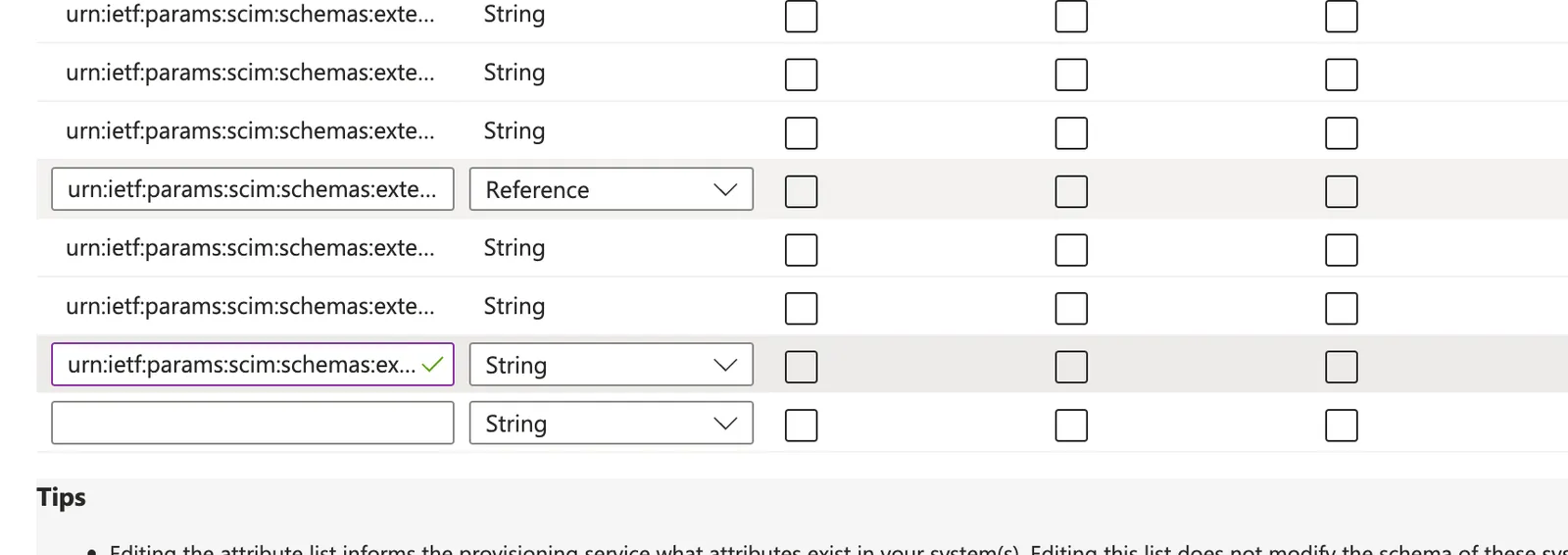 The Edit Attribute List page, with a new urn:ietf:params:scim:schemas line of type String