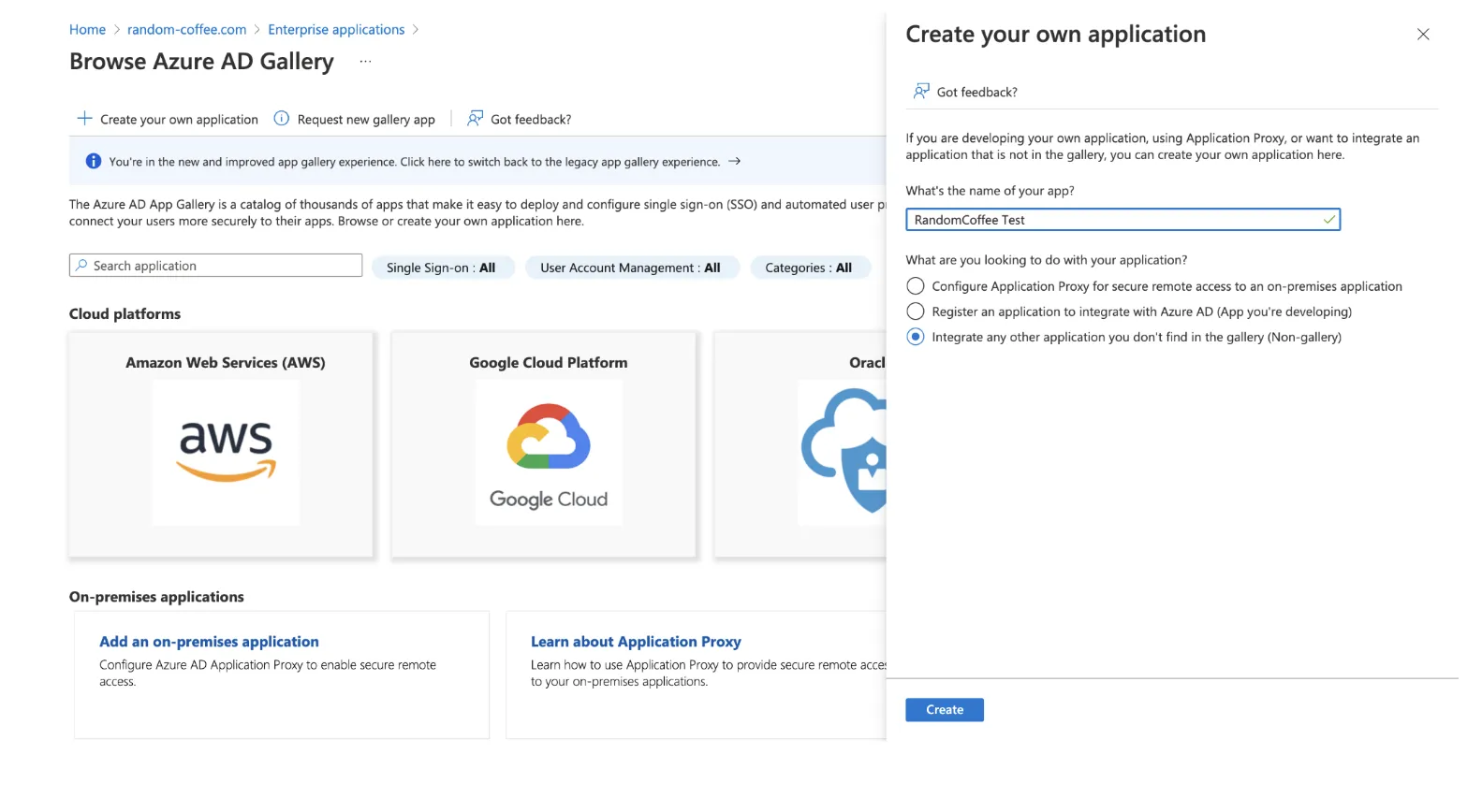 The Create your own application panel, with the application name and the Non-gallery option selected