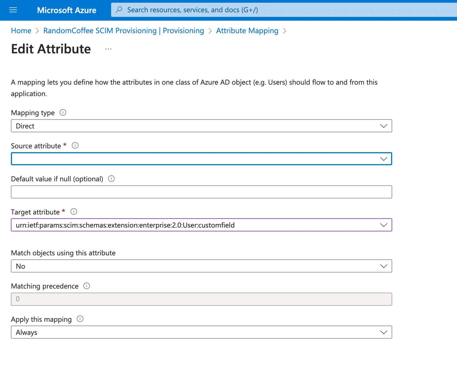 The Edit Attribute page, with the custom field selected as the Target attribute