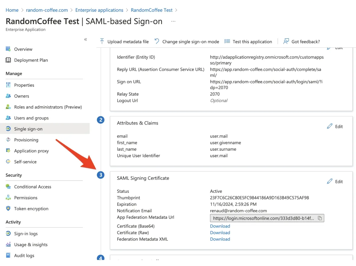 The SAML-based Sign-on page once configured, with the email, first_name and last_name claims and the SAML Signing Certificate section