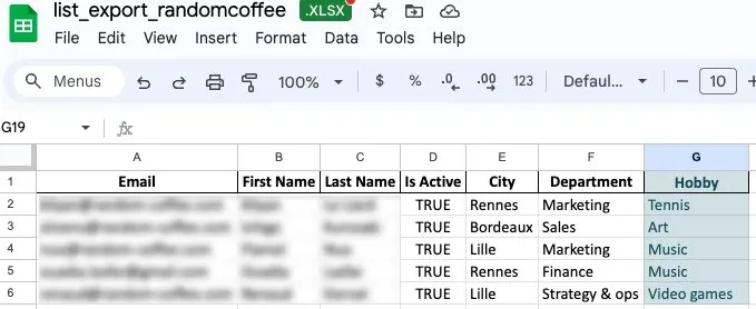 The same file with a new Hobby column