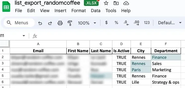 An exported member list where some city and department values were changed