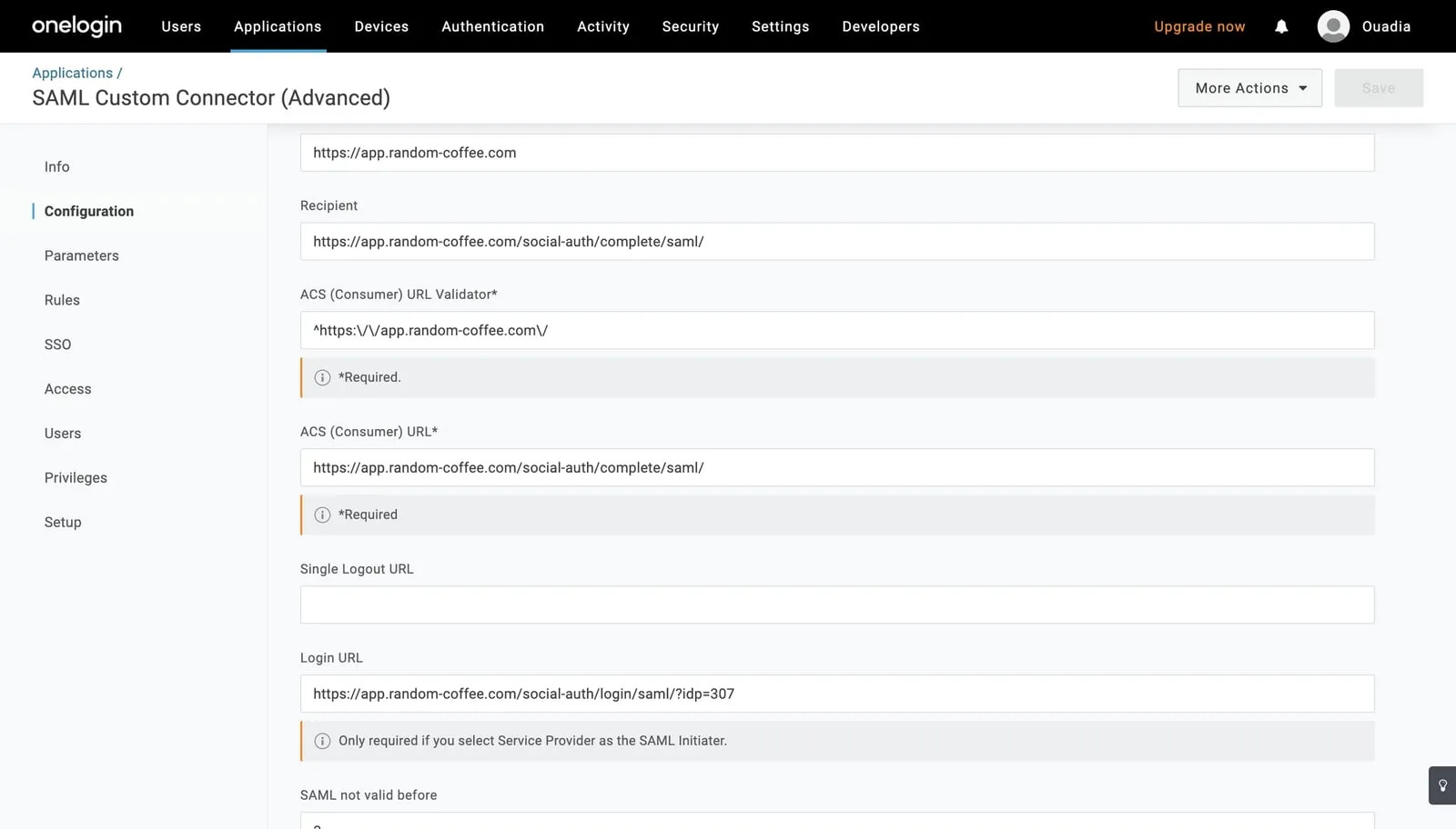 The OneLogin Configuration tab, with the Recipient, ACS (Consumer) URL Validator, ACS (Consumer) URL and Login URL fields filled in