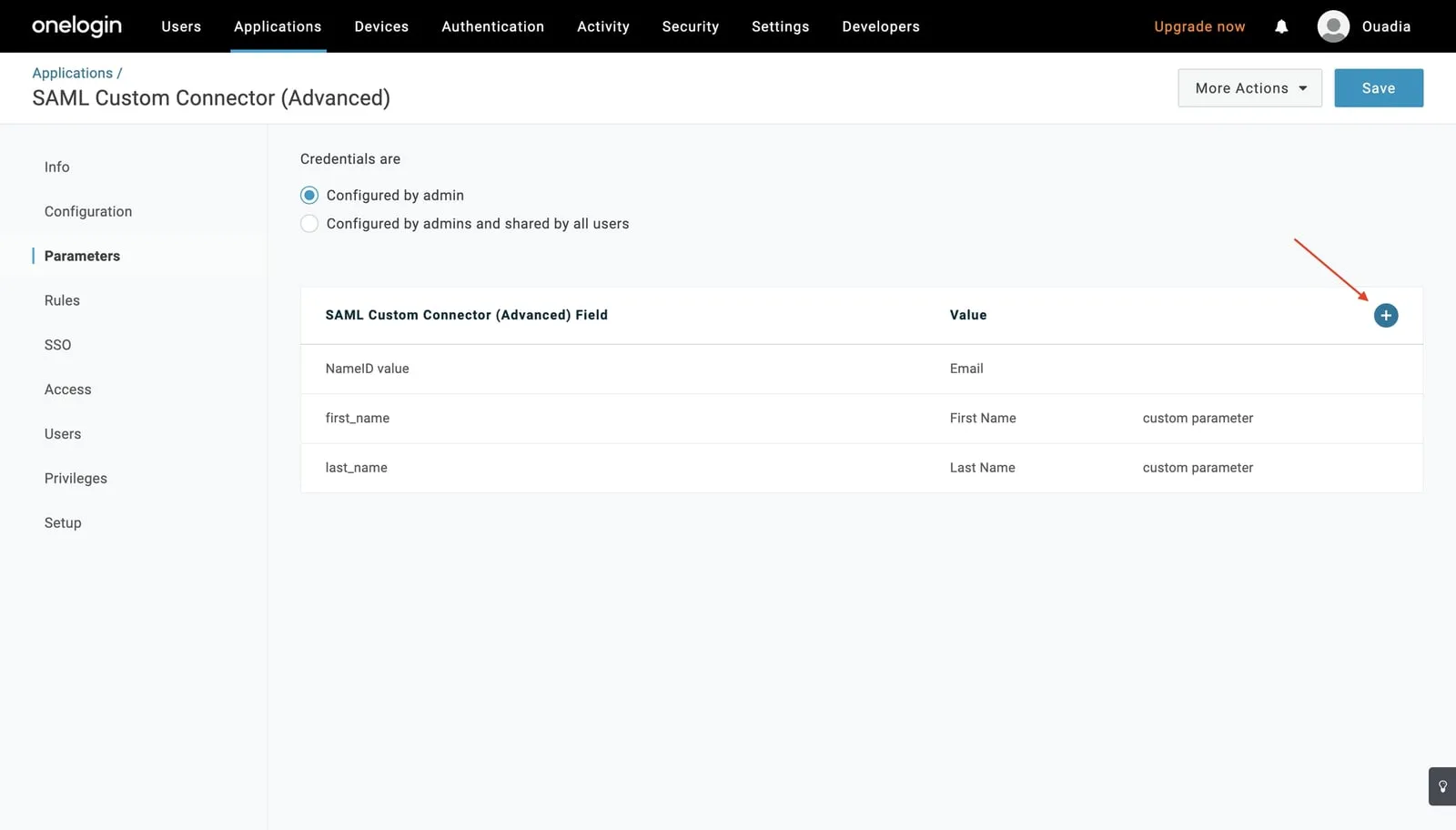 The OneLogin Parameters tab, with NameID value set to Email, first_name set to First Name and last_name set to Last Name