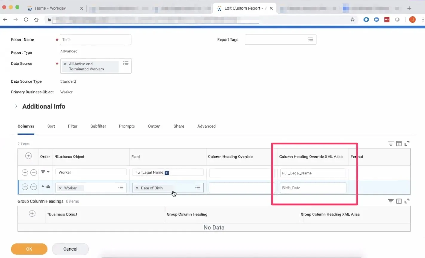The Columns tab of a Workday custom report, with the Column Heading Override XML Alias fields highlighted