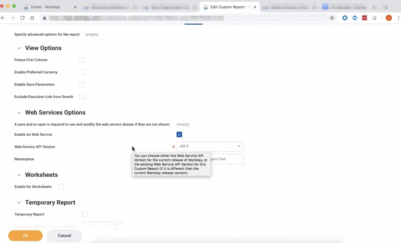 The Advanced tab of a Workday custom report, with Enable As Web Service checked in Web Services Options