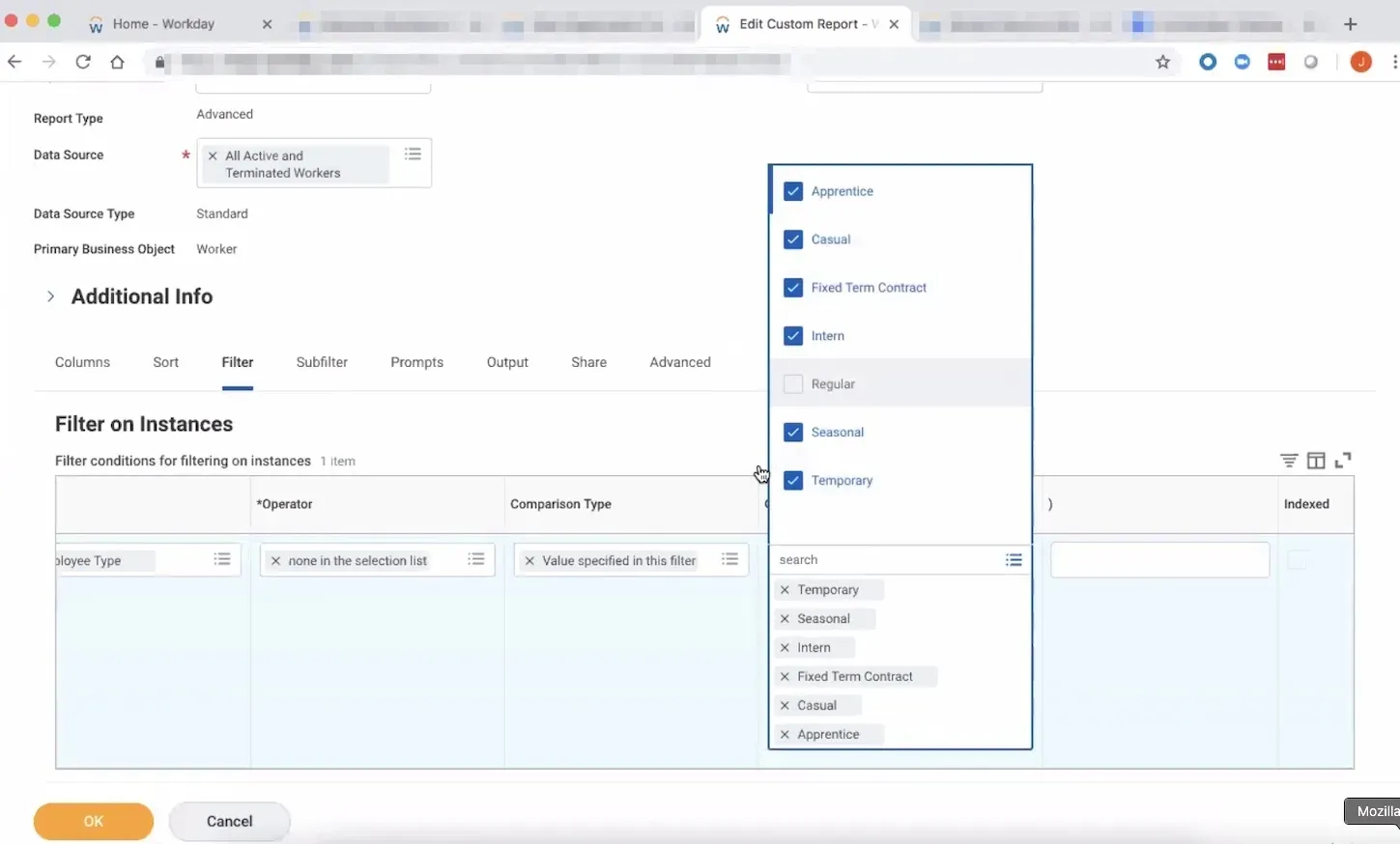The Filter tab of a Workday custom report, with a filter on the employee type