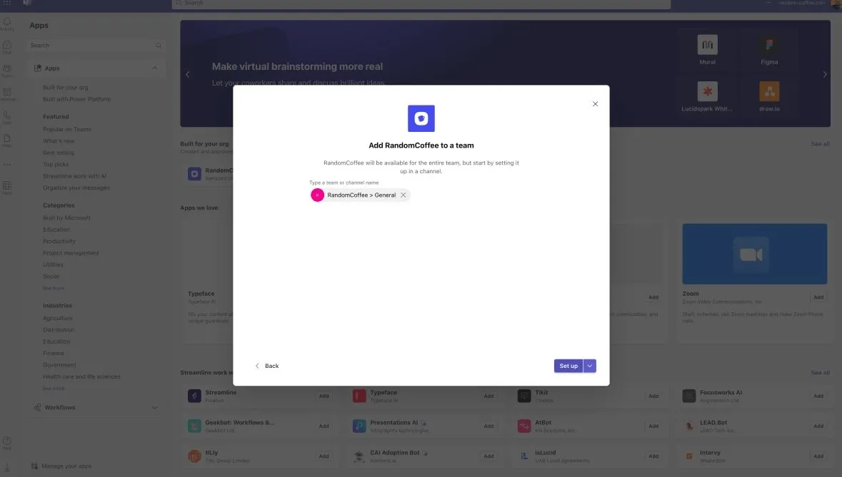 The Add RandomCoffee to a team window, with a team and channel selected and the Set up button