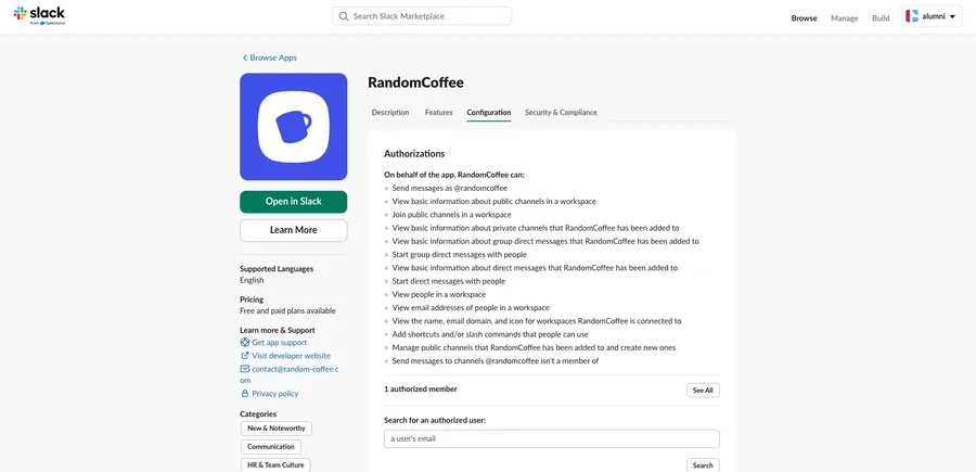 The Configuration tab of the RandomCoffee app in the Slack Marketplace, with the list of authorizations