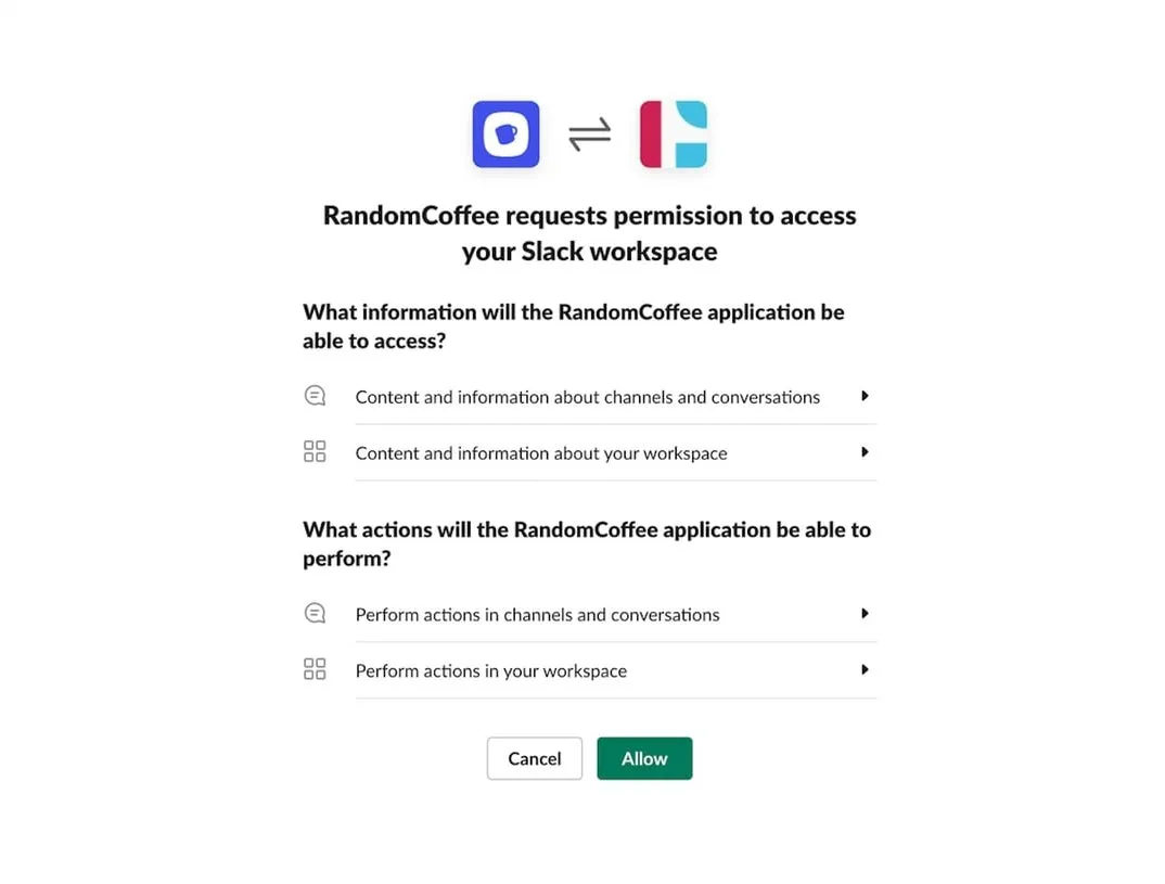 The Slack page where RandomCoffee requests permission to access the Slack workspace, with the Cancel and Allow buttons