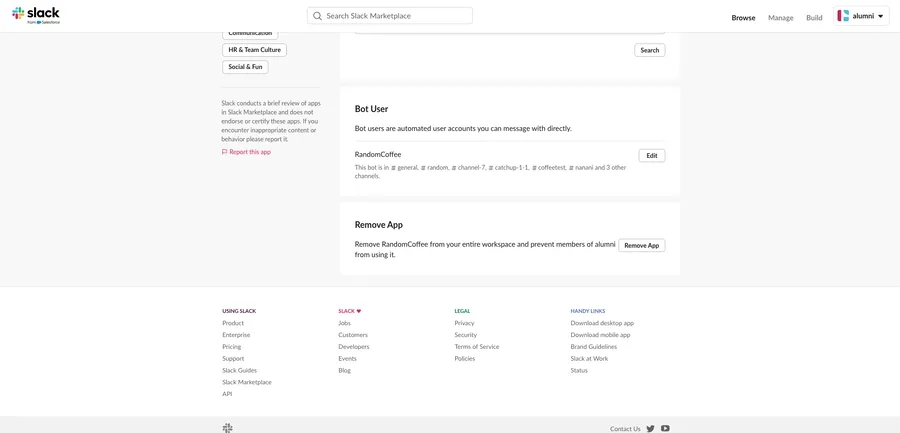 The bottom of the RandomCoffee app page in Slack, with the Remove App section