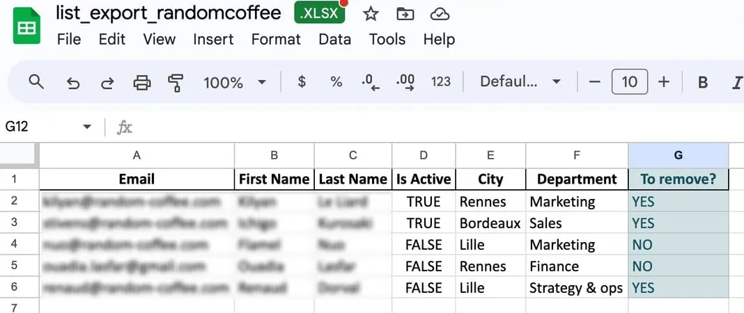 An exported member list with a new To remove? column filled with YES and NO